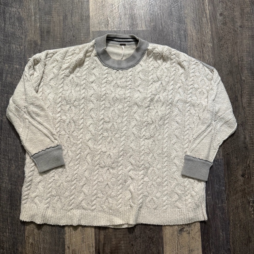 Free People Cream Cable Knit Oversized Crewneck Sweater